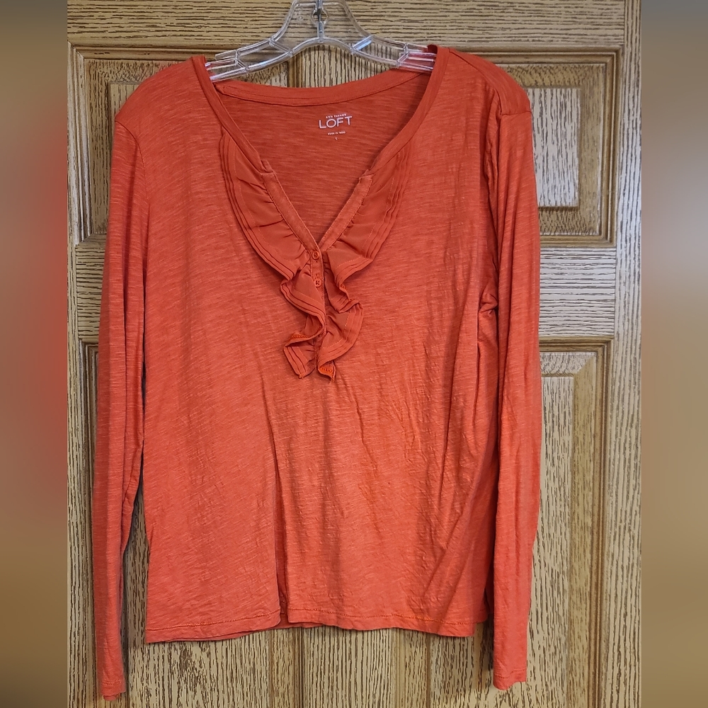 Loft Orange Long Sleeve Ruffle Top